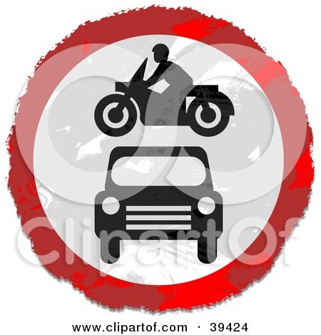 Clipart Illustration of a Grungy Red, White And Black Circular Car And Motorcycle Sign by Prawny