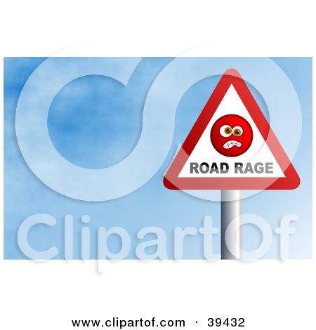 Clipart Illustration of a Red And White Triangular Road Rage Sign Against A Blue Sky With Clouds by Prawny