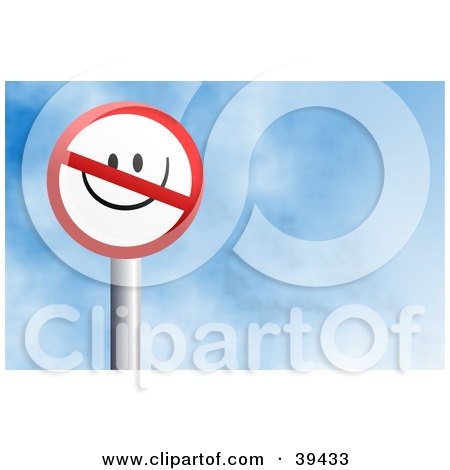 Clipart Illustration of a Red And White Circular No Smiling Sign Against A Blue Sky With Clouds by Prawny