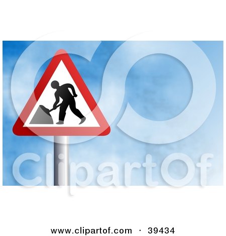 Clipart Illustration of a Red And White Triangular Digging And Road Work Sign Against A Blue Sky With Clouds by Prawny