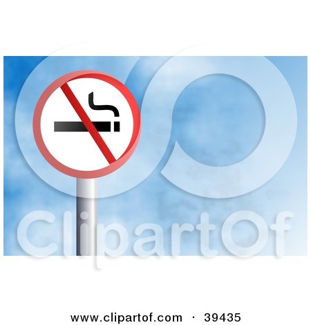 Clipart Illustration of a Red And White Circular No Smoking Sign Against A Blue Sky With Clouds by Prawny