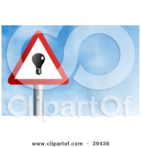 Clipart Illustration of a Red And White Triangular Light Bulb Sign Against A Blue Sky With Clouds by Prawny