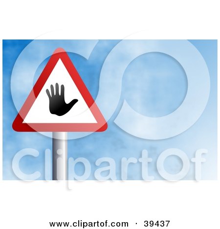Clipart Illustration of a Red And White Triangular Hand Sign Against A Blue Sky With Clouds by Prawny