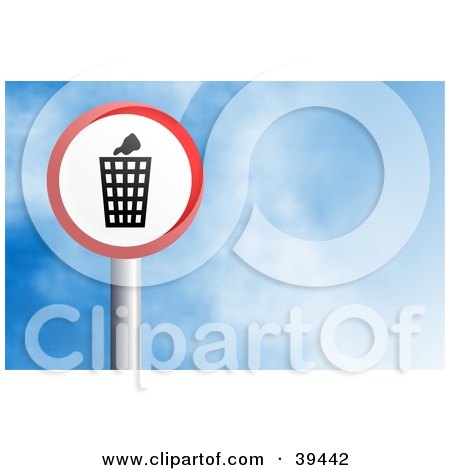 Clipart Illustration of a Red And White Circular Trash Can Sign Against A Blue Sky With Clouds by Prawny