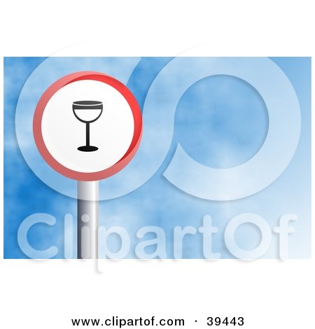 Clipart Illustration of a Red And White Circular Wine Glass Sign Against A Blue Sky With Clouds by Prawny