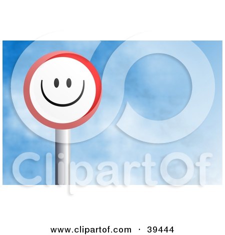 Clipart Illustration of a Red And White Circular Smiling Sign Against A Blue Sky With Clouds by Prawny