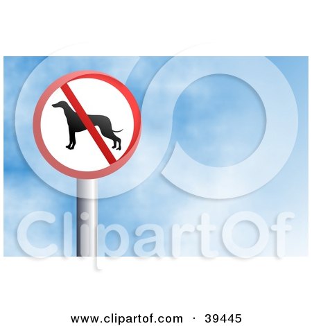 Clipart Illustration of a Red And White Circular No Dogs Sign Against A Blue Sky With Clouds by Prawny
