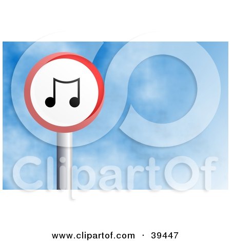 Clipart Illustration of a Red And White Circular Music Note Sign Against A Blue Sky With Clouds by Prawny