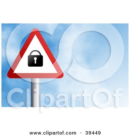 Clipart Illustration of a Red And White Triangular Secured Padlock Sign Against A Blue Sky With Clouds by Prawny