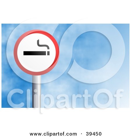 Clipart Illustration of a Red And White Circular Smoking Cigarette Sign Against A Blue Sky With Clouds by Prawny