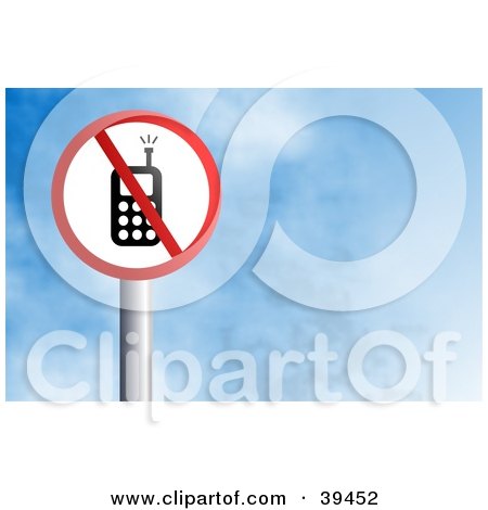 Clipart Illustration of a Red And White Circular No Cell Phone Sign Against A Blue Sky With Clouds by Prawny