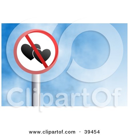 Clipart Illustration of a Red And White Circular No Love Sign Against A Blue Sky With Clouds by Prawny