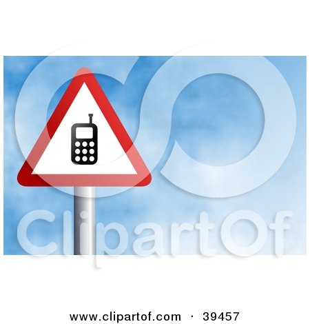 Clipart Illustration of a Red And White Triangular Cell Phone Sign Against A Blue Sky With Clouds by Prawny