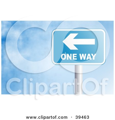 Clipart Illustration of a Blue Rectangular One Way Sign Against A Blue Sky With Clouds by Prawny