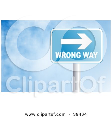 Clipart Illustration of a Blue Rectangular Wrong Way Sign Against A Blue Sky With Clouds by Prawny