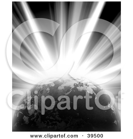 Clipart Illustration of a Bright Burst Of Light Emerging From Behind Planet Earth by Arena Creative
