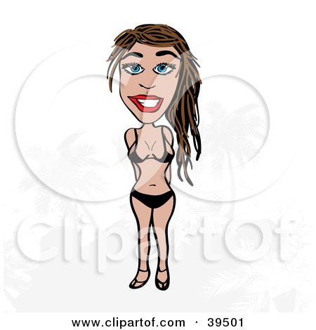Clipart Illustration of a Brunette Woman In A Skimpy Bikini, Standing On A White Background With A Faint Beach And Palm Trees by Arena Creative