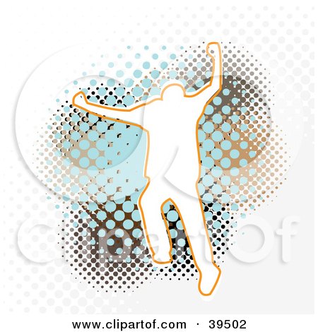 Clipart Illustration of an Outline Of A White Man Leaping Over A Brown And Blue Dotted Grunge Background On White by Arena Creative
