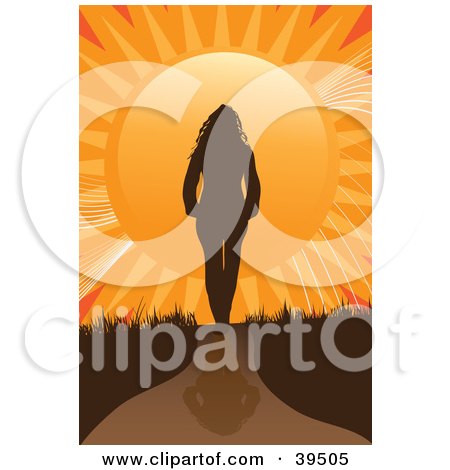 Clipart Illustration of a Brown Silhouetted Woman Walking On A Path Towards An Orange Sunset by Arena Creative