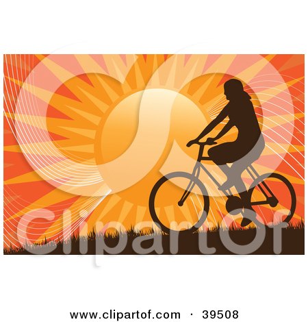 Clipart Illustration of a Silhouetted Woman Riding A Bicycle On A Hill Against An Orange Sunset by Arena Creative