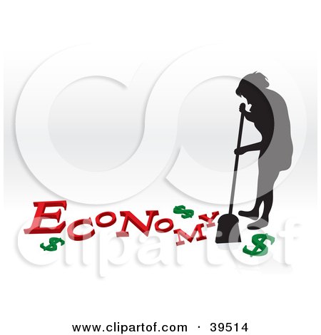 Clipart Illustration of a Silhouetted Woman Sweeping Up The Economy Crisis by Arena Creative
