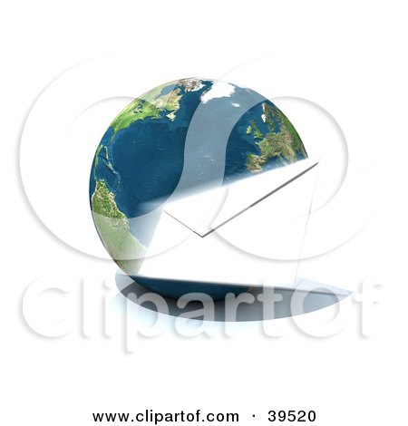 Clipart Illustration of a White Envelope Flying Around Planet Earth by Frank Boston