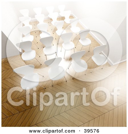 Clipart Illustration of Rows Of Empty White Office Chairs In A Bright Office by Frank Boston
