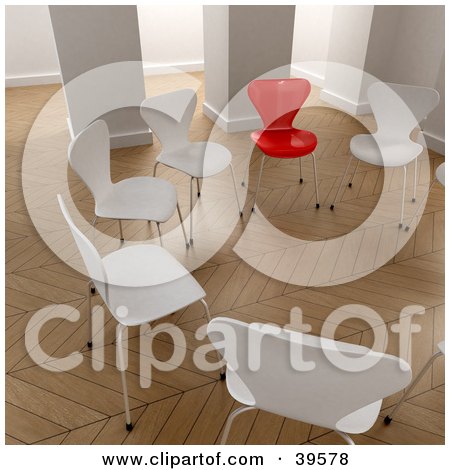 Clipart Illustration of One Red Chair In A Circle Of White Chairs In An Office by Frank Boston
