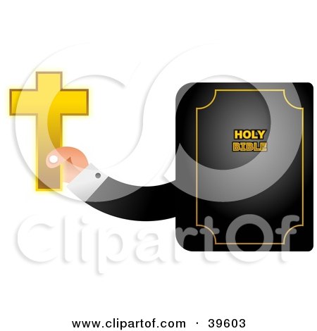 Clipart Illustration of a Man's Hand Emerging From A Bible And Holding A Golden Cross by Prawny