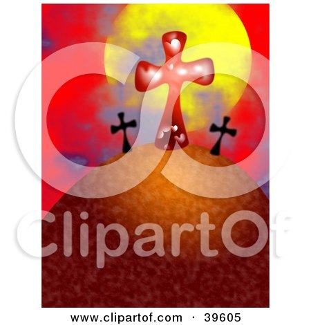 Clipart Illustration of a Red And Black Crosses On A Hill Against The Sun And Red Sky by Prawny