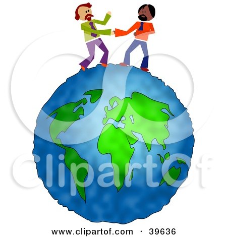 Clipart Illustration of Two Businessmen Standing On Top Of Thew World And Shaking Hands by Prawny