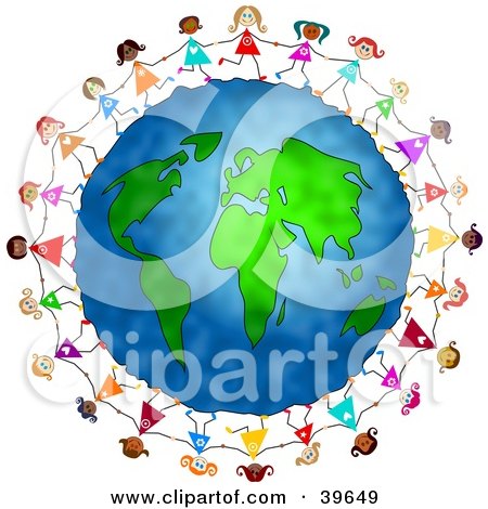 Clipart Illustration of Playful And Diverse Little Girls Running Around The Globe And Holding Hands by Prawny