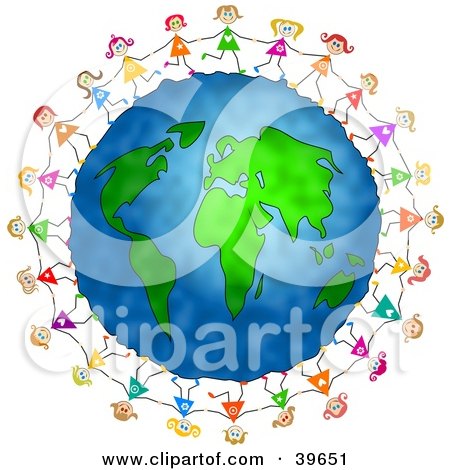 Clipart Illustration of Happy Girls Holding Hands And Walking Around The Globe by Prawny