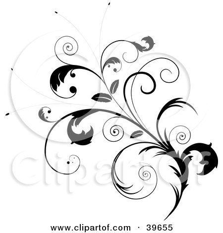 Clipart Illustration of an Ornate Black Leafy Plant With Curly Tendrils And Leaves by KJ Pargeter
