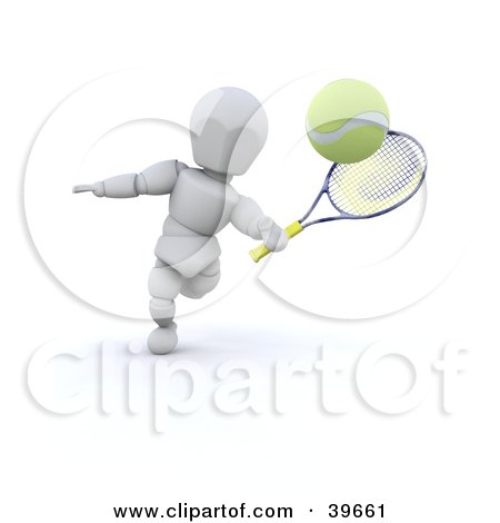 Clipart Illustration of a 3d White Character Whacking A Tennis Ball With A Racket by KJ Pargeter