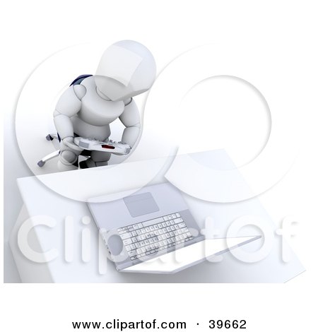 Clipart Illustration of a 3d Gamer White Character Using A Controller And Laptop Computer by KJ Pargeter