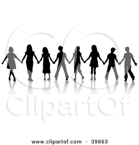 Clipart Illustration of Black Silhouetted Boys And Girls Standing In A Line And Holding Hands While Playing The Game Red Rover by KJ Pargeter