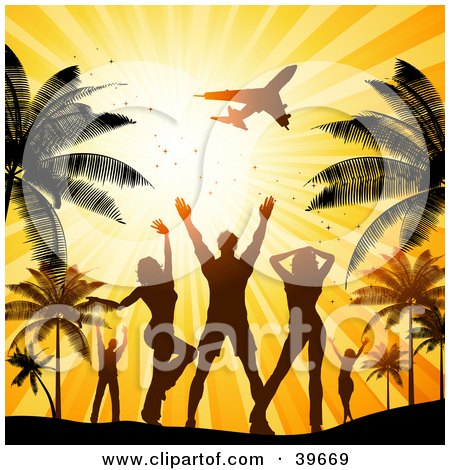 Clipart Illustration of Silhouetted Men And Women Waving Goodbye To An Airplane While Dancing At A Beach Party Under Palm Trees by KJ Pargeter