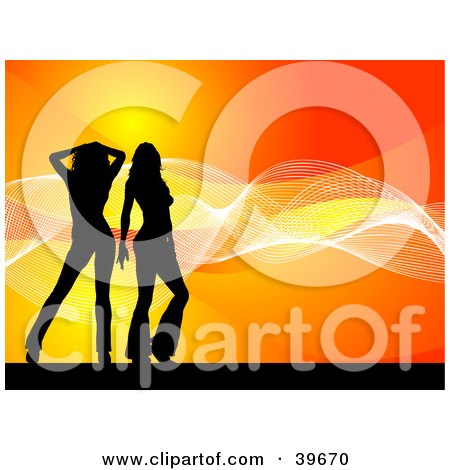 Clipart Illustration of Two Silhouetted Ladies In Black, Posing Against An Orange Background With White Waves by KJ Pargeter