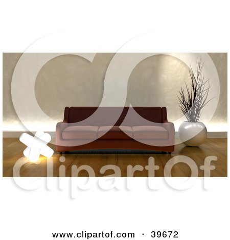 Clipart Illustration of a Brown Sofa Couch With Home Decor In A Modern Living Room With Wood Flooring by KJ Pargeter