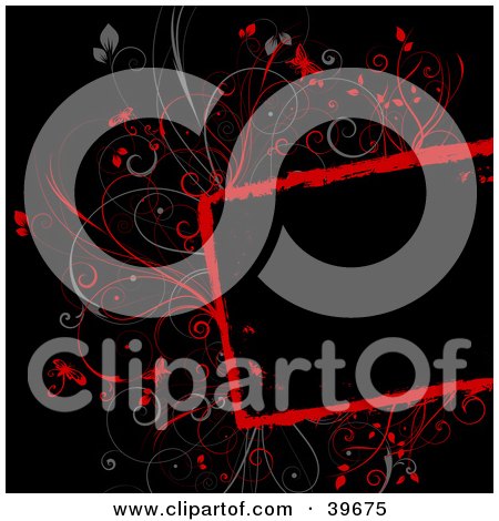 Clipart Illustration of a Blank Slanted Text Box Bordered In Red And Gray Vines And Butterflies by KJ Pargeter