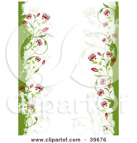 Clipart Illustration of a Side Stationery Border Of Red Flowers Emerging From Green Grunge On White With Faint Vines by KJ Pargeter