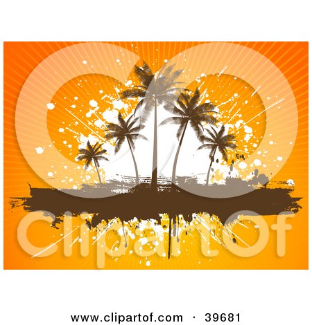 Clipart Illustration of a Bursting Orange Tropical Background Behind A White Splatter With Silhouetted Brown Palm Trees On A Text Box by KJ Pargeter