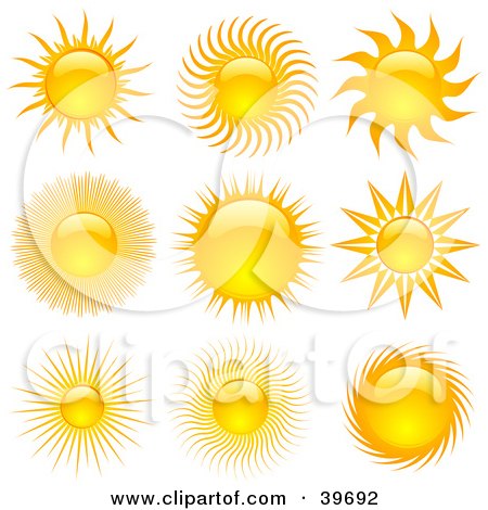 Clipart Illustration of Six Bright And Shiny Orange And Yellow Summer Suns by KJ Pargeter
