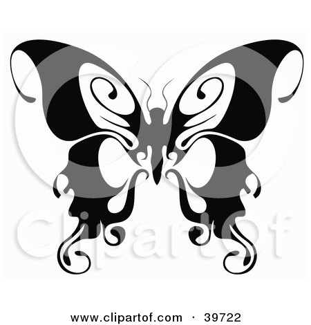 Clipart Illustration of a Beautiful Black And White Butterfly With Curling Tips On Its Wings by dero