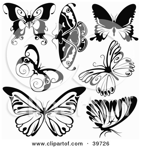 Clipart Illustration of Seven Black And White Butterflies by dero