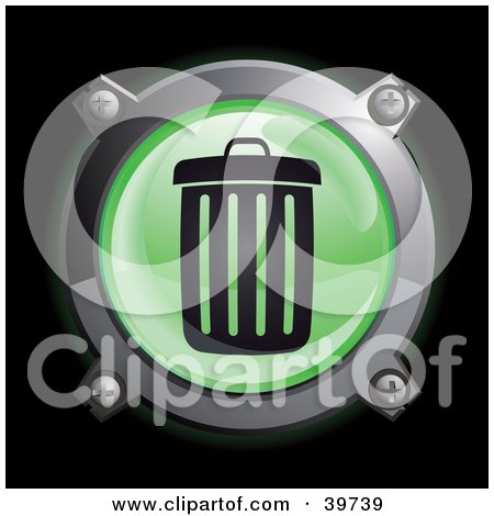 Clipart Illustration of a Chrome And Green Trash Can Icon Button by Frog974