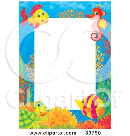 Clipart Illustration of an Underwater Stationery Border Of A Friendly Sea Turtle, Tropical Fish, And Seahorse At A Coral Reef by Alex Bannykh