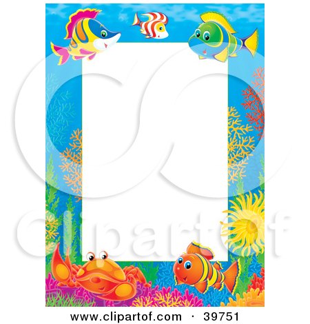 Clipart Illustration of an Underwater Stationery Border Of Saltwater Fish And Crabs At A Reef by Alex Bannykh