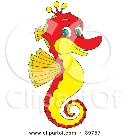 Clipart Illustration of a Friendly Red Seahorse With A Yellow Belly And Green Eyes by Alex Bannykh